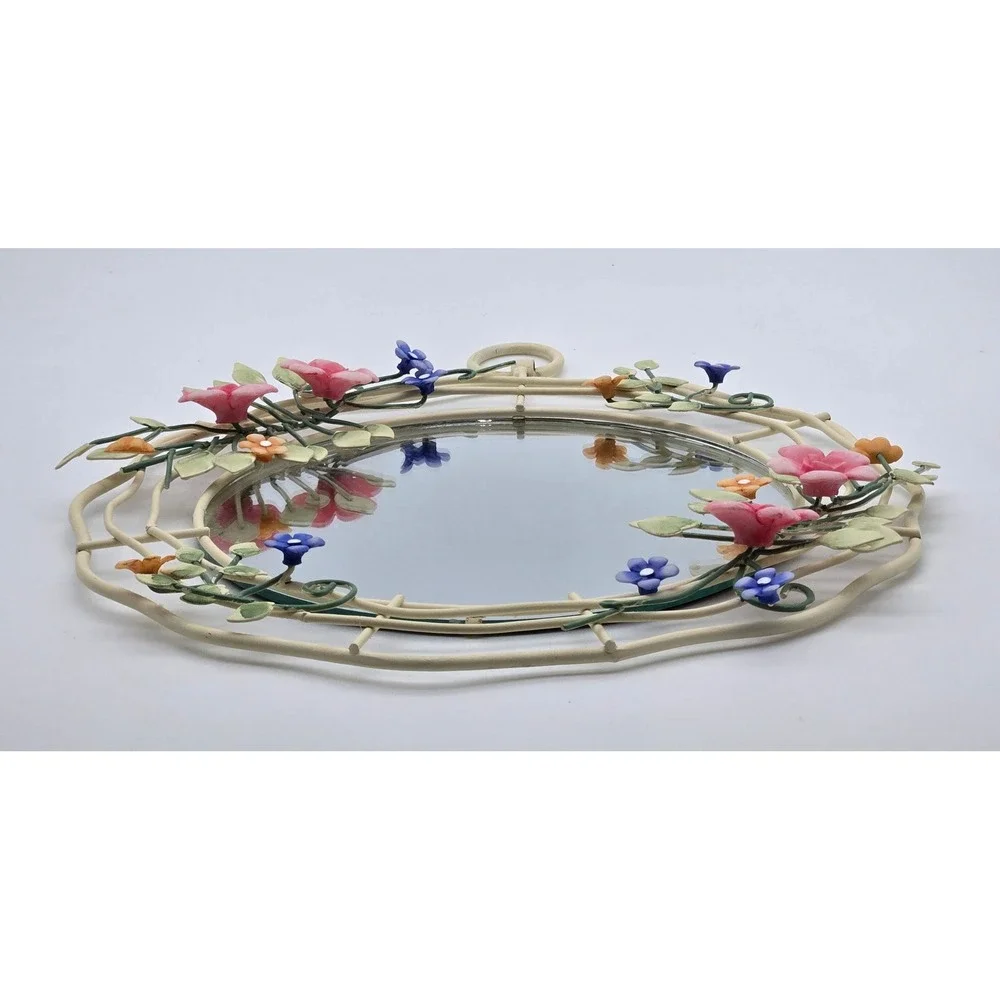 Vintage Floral Meal Wall Mirror Round Pink Blue Flower Vine Cottagecore Decor